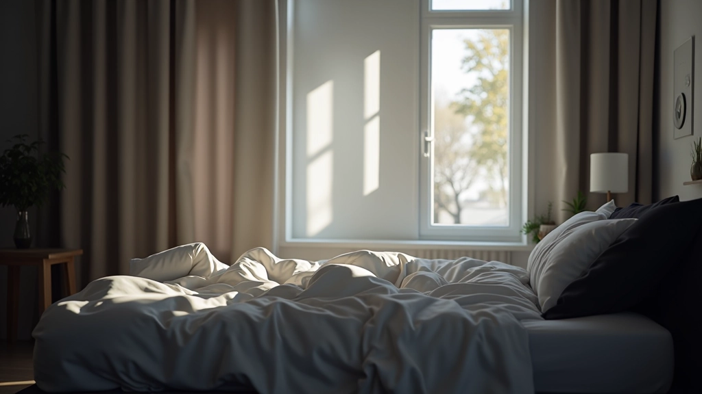 Slaapkamer setup met thermometer, donkere gordijnen, en minimale verlichting toont ideale slaapomgeving