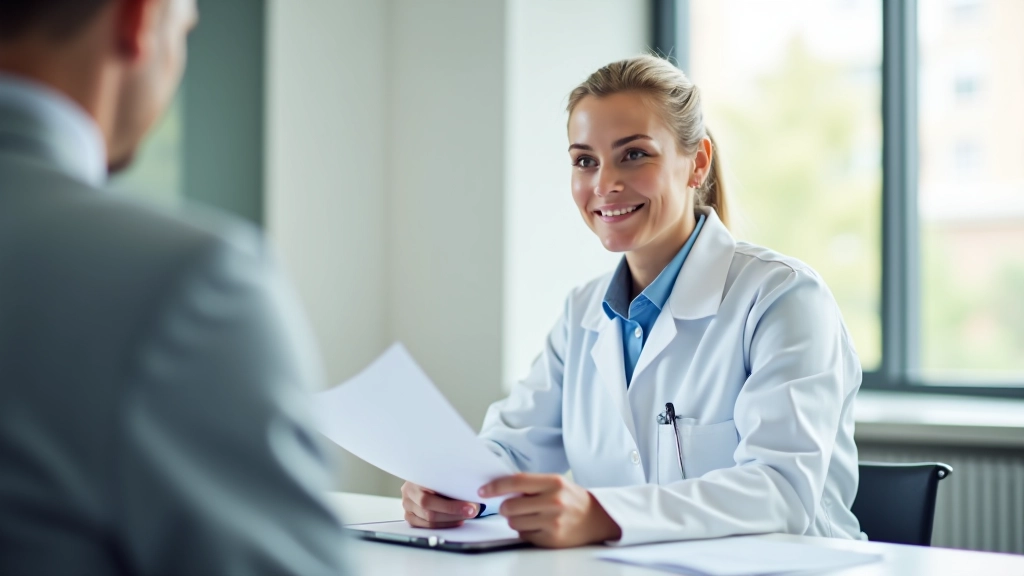 Medisch gesprek met arbodienst in kantooromgeving, notitieblok en stethoscoop zichtbaar