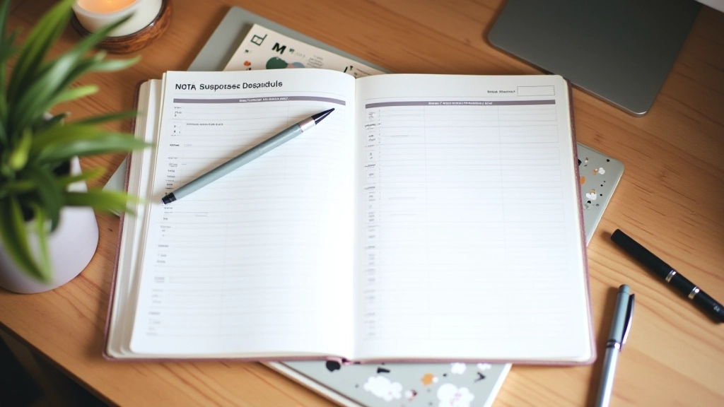 Notitieboek met slaapschema, pen, kalender toont gestructureerde planning en tracking