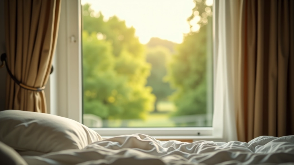 Raam met uitzicht op bomen en groen landschap, zacht licht in slaapkamer