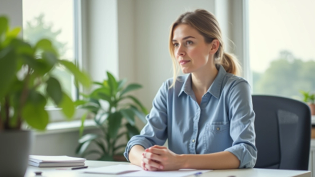 Persoon aan bureau met rust en rustige werkplek, planten en daglicht, ontspannen houding