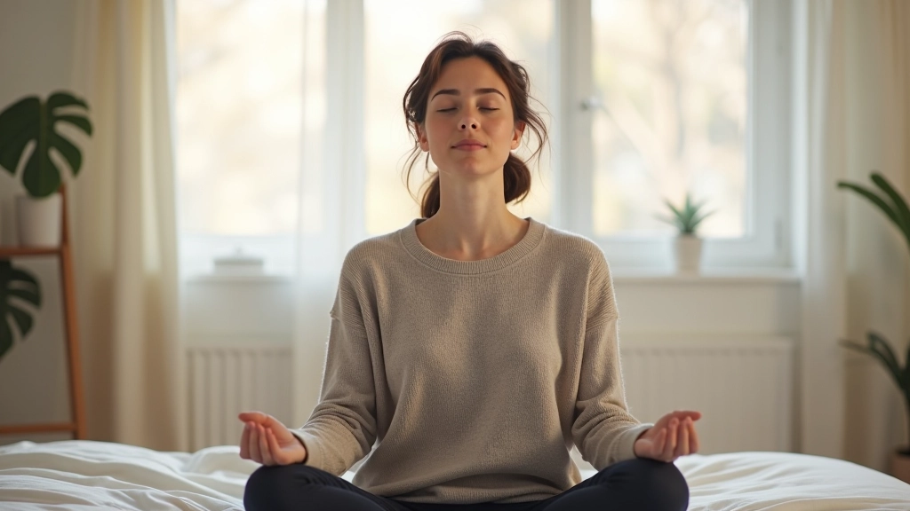Persoon doet rustige ademhalingsoefening in rustige slaapkamer omgeving