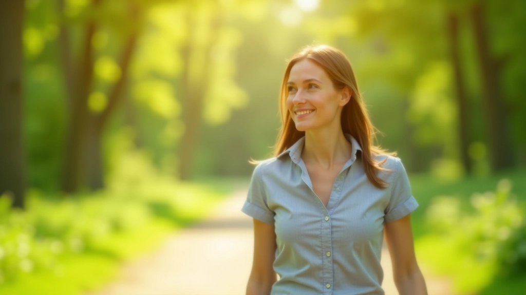 Persoon loopt buiten in natuur, zonnig weer, stap voor stap voortgang, glimlachend