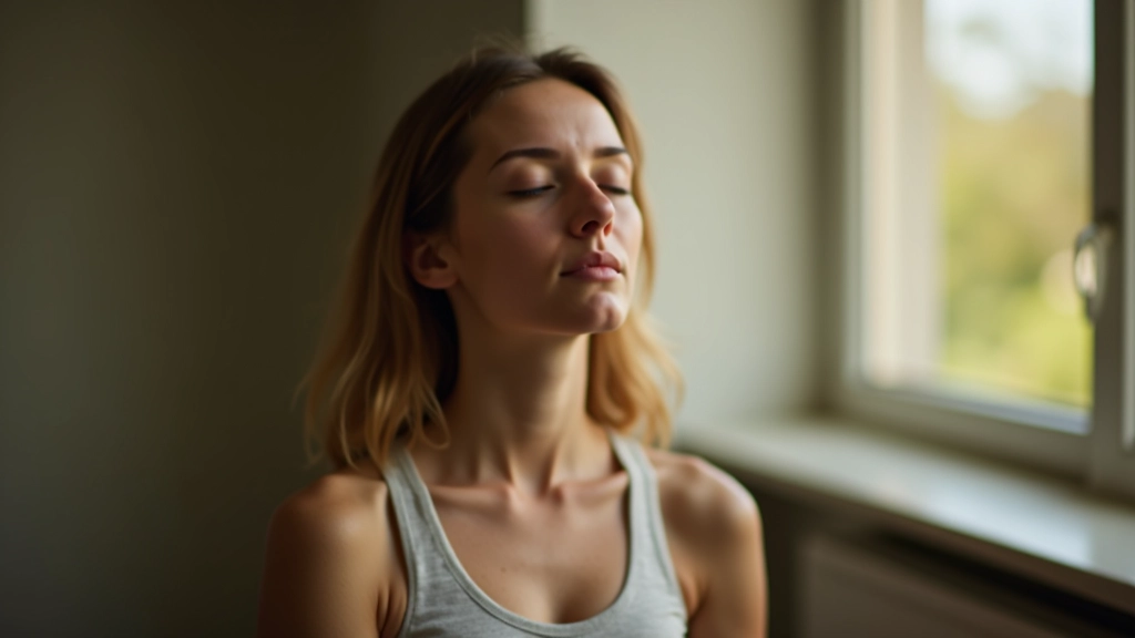 Persoon doet ademhalingsoefening in rustige omgeving met gesloten ogen