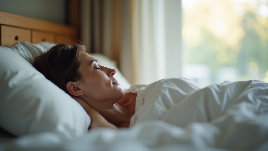 Persoon slaapt rustig in comfortabel bed met zachte verlichting en kalmerende omgeving