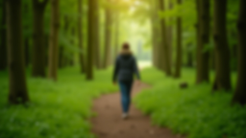 Persoon wandelt in natuur met kalme uitdrukking en ontspannen houding