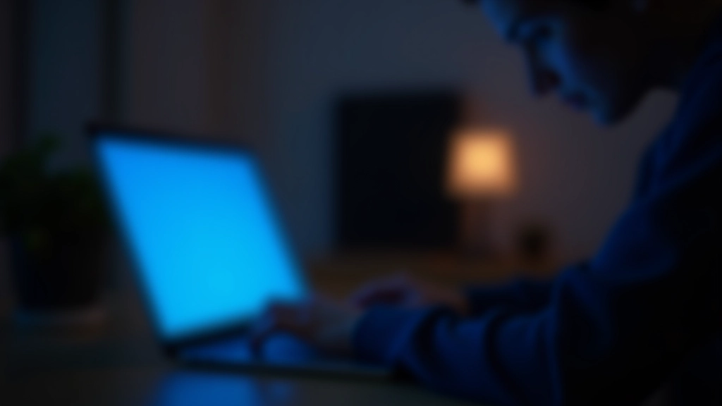 Persoon werkt aan laptop in schemering licht, toont schermlicht en mogelijke slaapverstoring