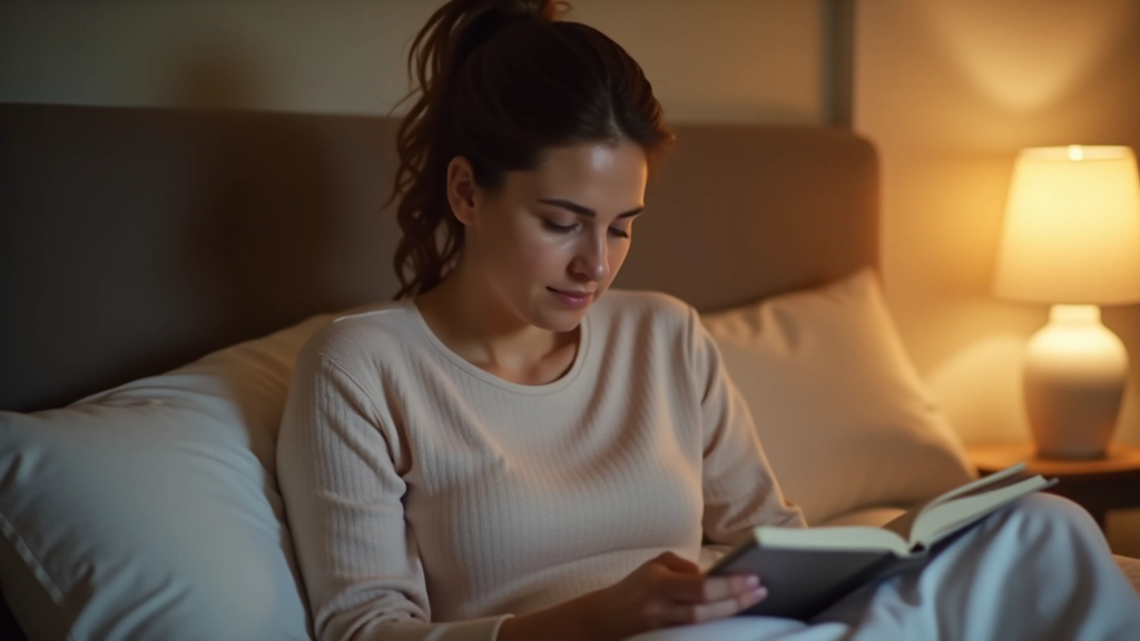 Iemand zit in bed met een boek, rustige slaapkamer met gedimde verlichting